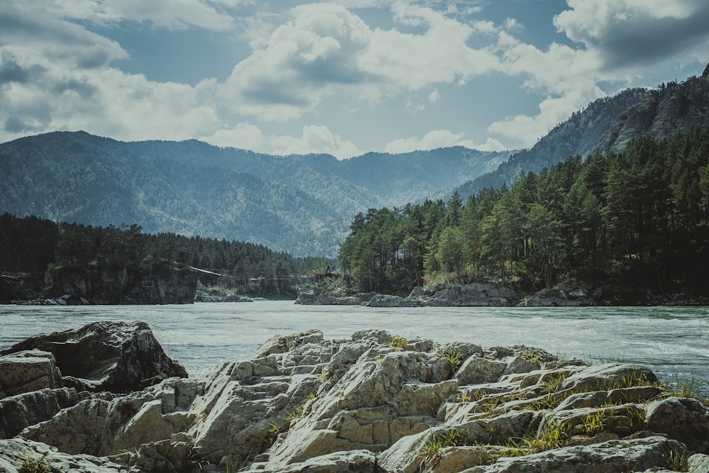 rock formations near lake surrounded with tall and green trees viewing mountain under blue and white skies