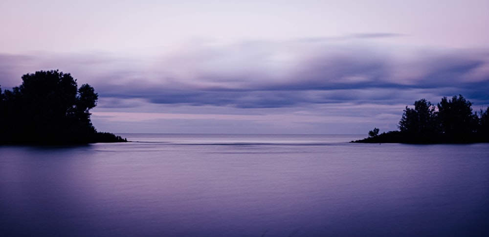 a body of water surrounded by trees under a cloudy sky