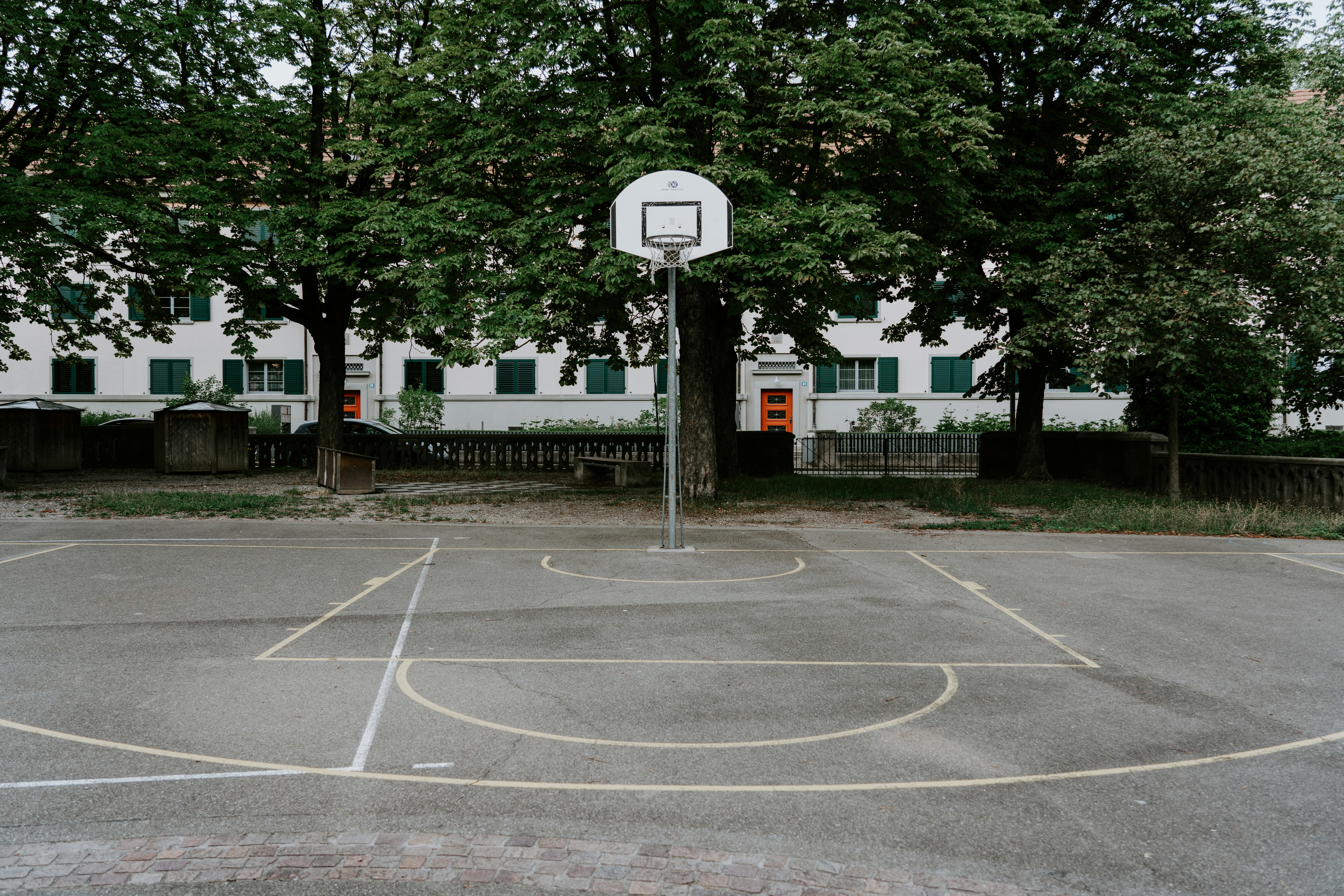 white basketball hoop near trees