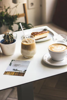 a table topped with a cup of coffee and a plate of food