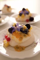 An elegant dessert presentation featuring fruits and cream.