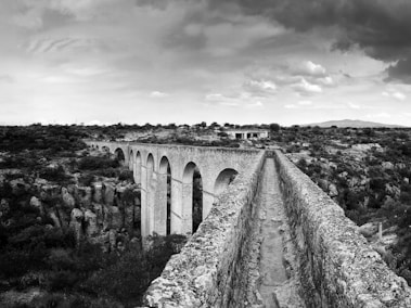 grayscale photo of concrete bridge
