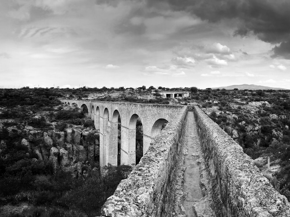 Foto en escala de grises de un puente de hormigón