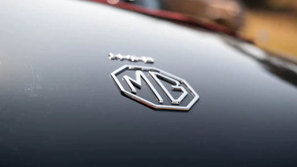 A close-up of the polished Enfield car badge shining in the sunlight.