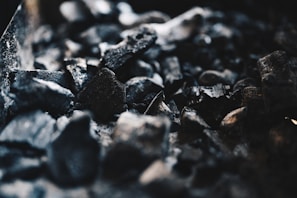A close-up view of several pieces of coal or charcoal with rough and uneven textures. The image focuses on the dark, black tones of the material, with some highlights catching the light, creating a stark contrast against the shadows.