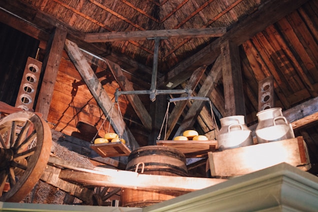 A rustic family dairy farm scene with fresh milk cans and traditional cheese aging on wooden shelves.
