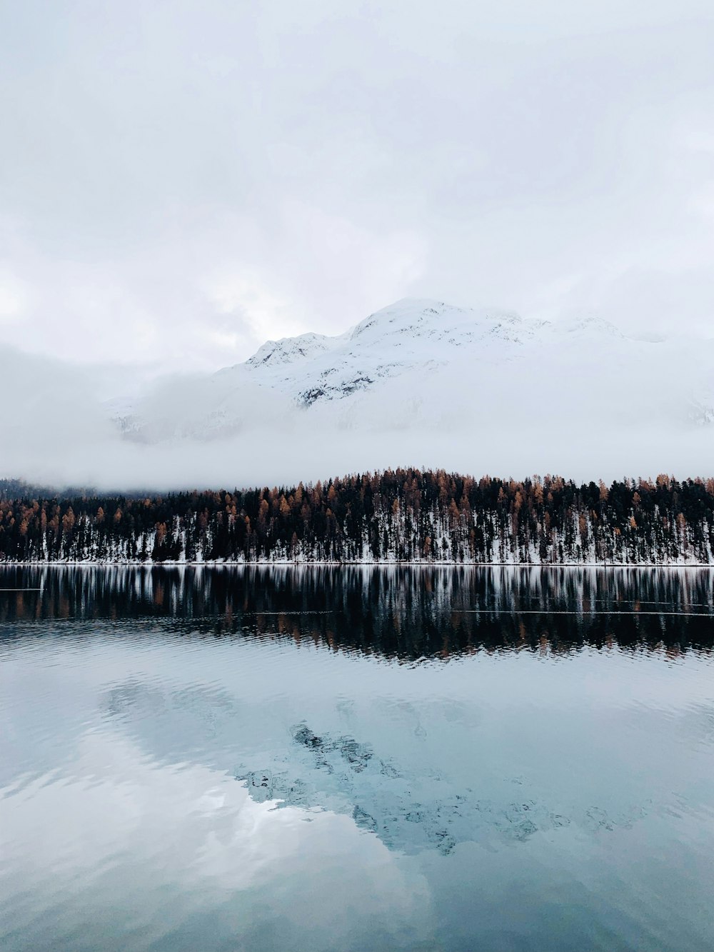 a lake surrounded by snow covered mountains and trees