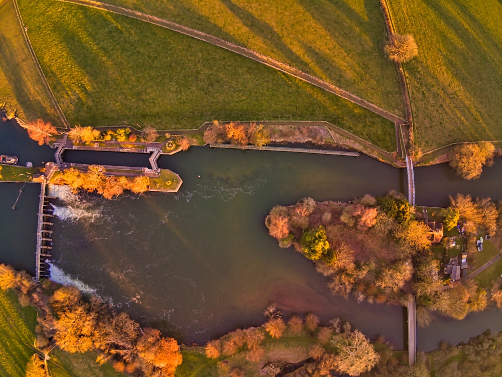 dam and bridges on river with delta