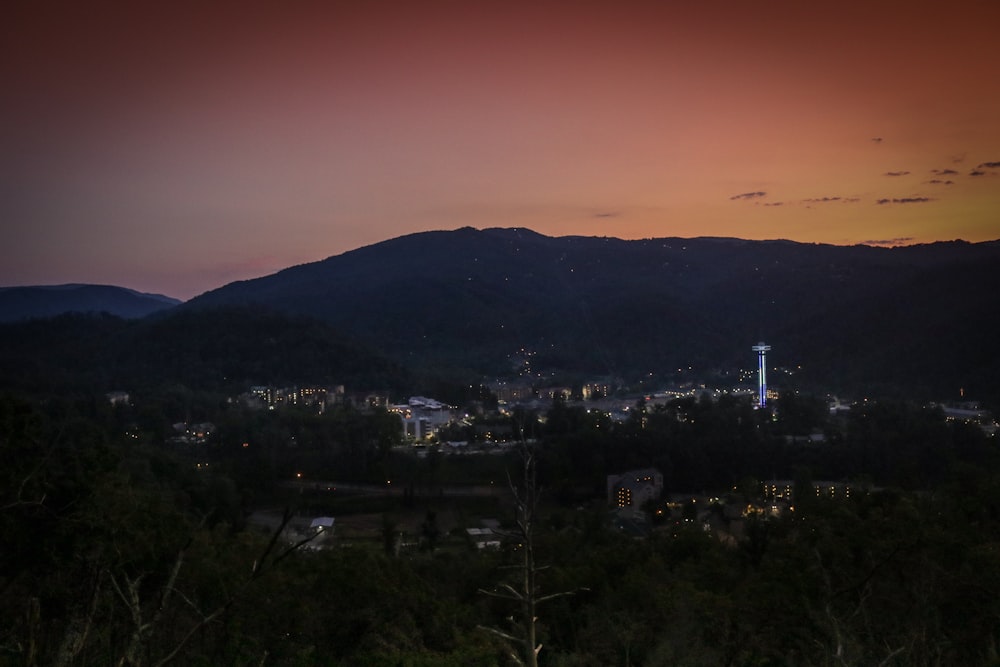 a view of a city with mountains in the background