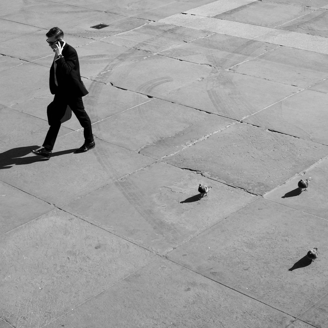  man walking while talking on the phone beside three pigeon on pavement black bird