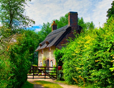 A quaint cottage surrounded by trees.