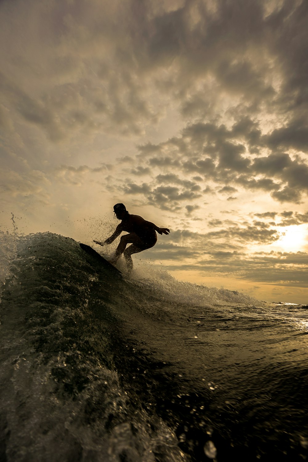 silhouette of person riding on surfboard