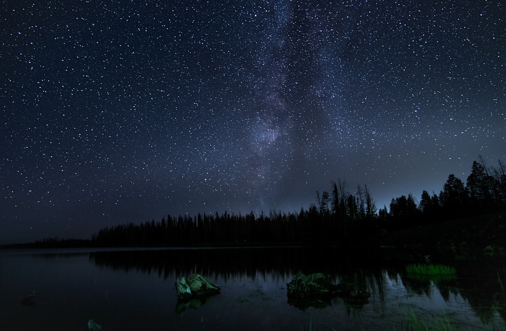 the night sky is filled with stars above a lake