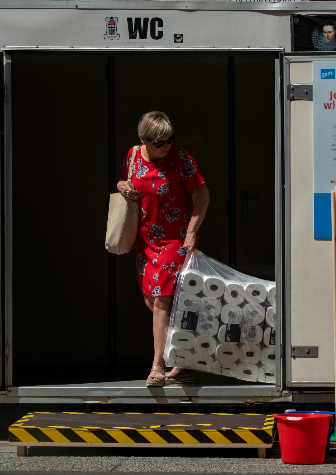 woman in red and black floral short-sleeved minidress holding pack of kitchen towels