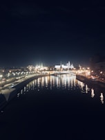 Nighttime reflections of Budapest's illuminated skyline shimmering on the Danube.
