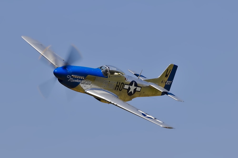 blue and white monoplane