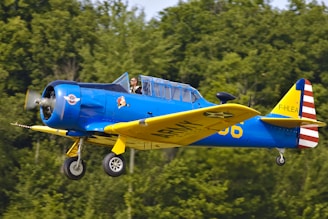 A vintage blue and yellow aircraft is flying against a backdrop of lush green trees. The airplane features insignia and has an open cockpit with a pilot wearing sunglasses.