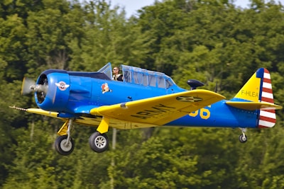 A vintage blue and yellow aircraft is flying against a backdrop of lush green trees. The airplane features insignia and has an open cockpit with a pilot wearing sunglasses.