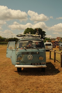 A shiny 1960s Volkswagen Transporter T1 parked on a grassy field under a clear blue sky during a sunny club meet.