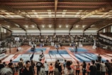 A large indoor arena with a high ceiling, filled with an audience seated on bleachers. In the center, two fighters are engaged in a martial arts competition on blue and red mats. The scene is captured through a mesh fence, adding a textured foreground.
