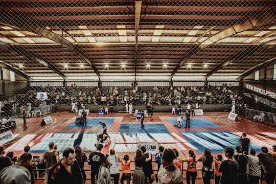 A dynamic fight scene under red and white lights in a packed arena.