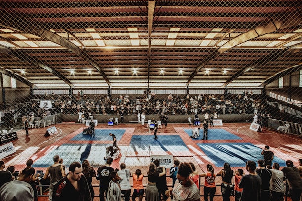 A large indoor arena with a high ceiling, filled with an audience seated on bleachers. In the center, two fighters are engaged in a martial arts competition on blue and red mats. The scene is captured through a mesh fence, adding a textured foreground.