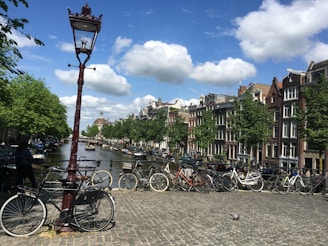A vibrant street scene in Amsterdam with bicycles and historic buildings under a clear blue sky.