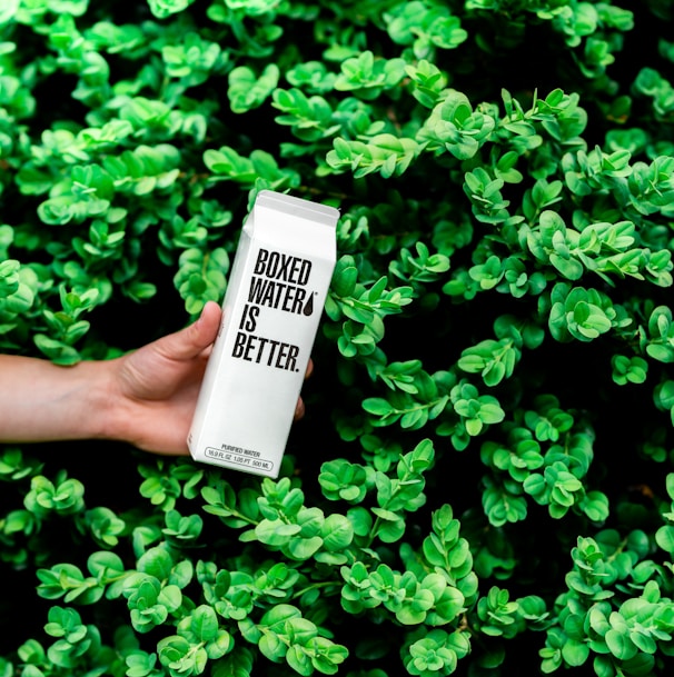 person holding boxed water is better box near shrubs