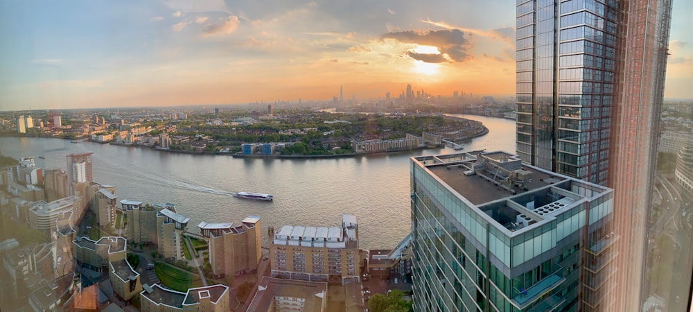 an aerial view of a city and a river