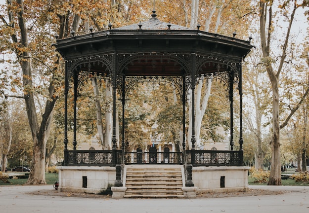 black and white gazebo surrounded with tall and orange trees