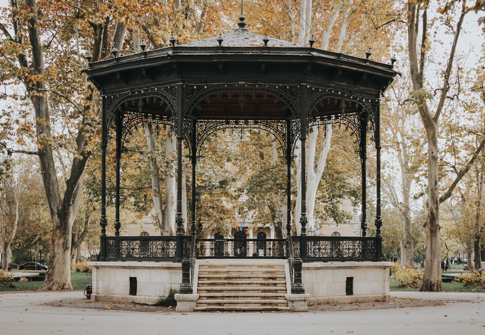 black and white gazebo surrounded with tall and orange trees