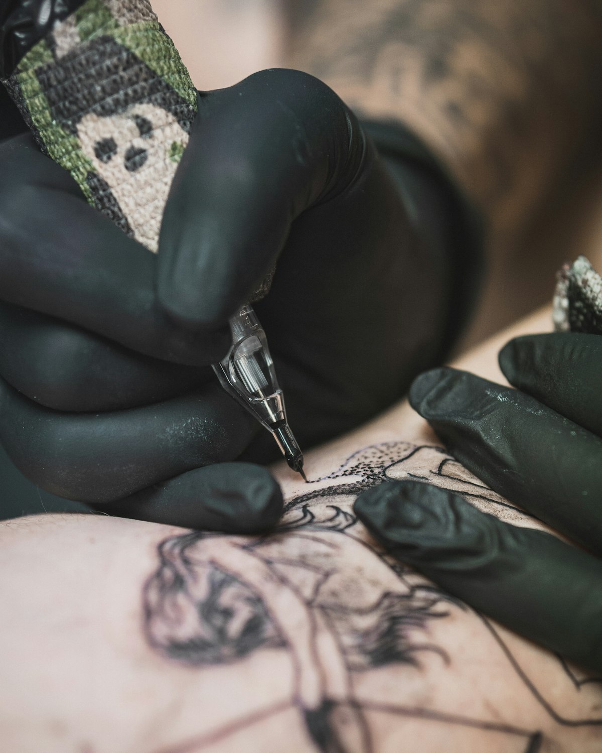 Close-up of finished linework tattoo