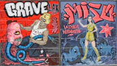 A vibrant graffiti-style mural featuring two distinct panels. The left panel shows a muscular man with sunglasses and a hat wrestling with a large, pink, tentacled monster. The background is a brick wall with bold text reading 'GRAVE.' The right panel portrays a stylized female character in a yellow outfit striking a confident pose, surrounded by blue-toned faces with large eyes. The text 'MIZU' and 'La Cyber Défendresse' are prominently displayed, with a red star featuring additional writing.