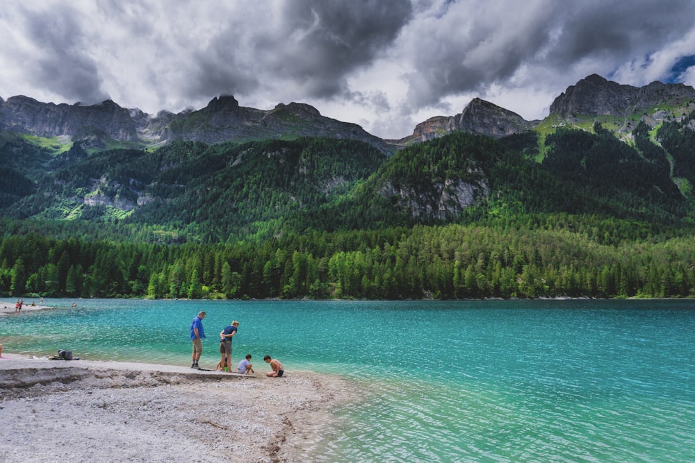 people standing on shore during daytime