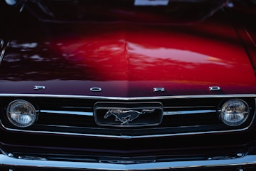 A close-up view of the front of a classic car featuring a deep red hood with reflections of surrounding trees. The brand name 'FORD' is prominently displayed across the hood above the iconic Mustang emblem on the grille.