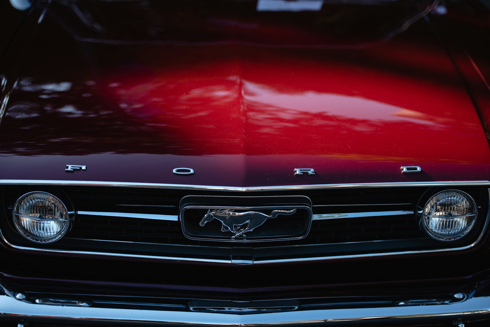 Front hood of a red Ford