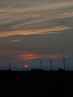A powerful image of a wind farm against a sunset backdrop.