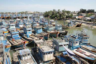 Seaside view of Essaouira’s blue fishing boats lined up along the harbor.
