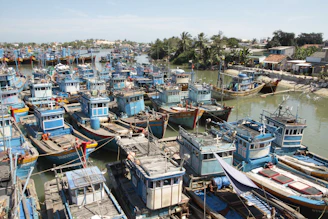 Seaside view of Essaouira’s blue fishing boats lined up along the harbor.
