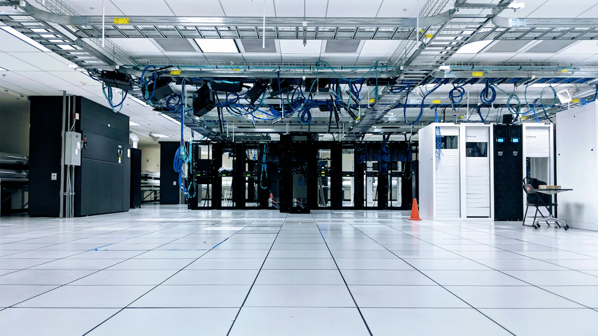 Rows of server cabinets in a data center