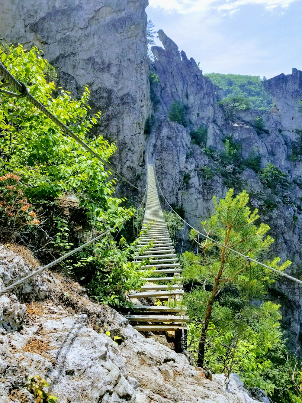 braune Holzbrücke unter strahlend blauem Himmel