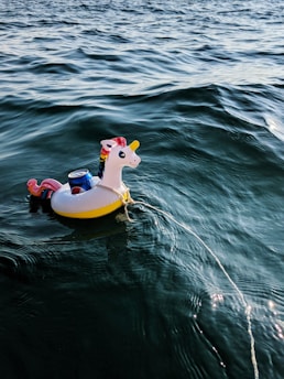 A colorful unicorn float carrying a can is floating on the water with gentle ripples. The float has a rainbow mane and tail, with a yellow body. The background features expansive, shimmering water under soft lighting, creating a serene setting.
