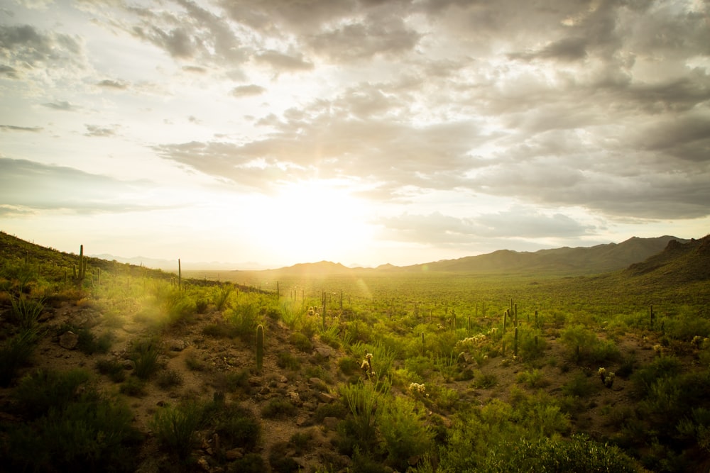 the sun shines through the clouds over a desert landscape