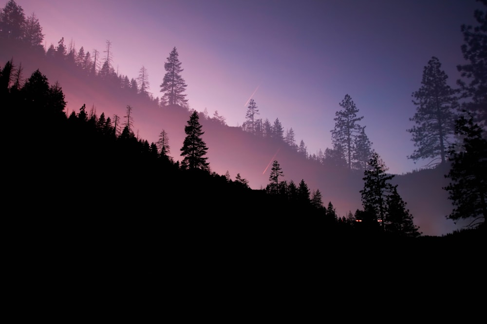 um céu roxo com árvores no lado de uma colina