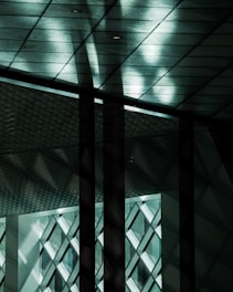 A modern architectural interior featuring a ceiling with patterned tiles and geometric grids. The space is accentuated by dramatic lighting and shadow play on the walls and ceiling.