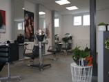 A modern hair salon interior with styling chairs, hair drying equipment, and large posters featuring hairstyles on the walls. There are potted plants adding a touch of greenery to the sleek and clean design. The room is well-lit with natural light coming through the windows and artificial ceiling lights.
