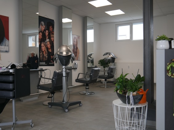 A modern hair salon interior with styling chairs, hair drying equipment, and large posters featuring hairstyles on the walls. There are potted plants adding a touch of greenery to the sleek and clean design. The room is well-lit with natural light coming through the windows and artificial ceiling lights.