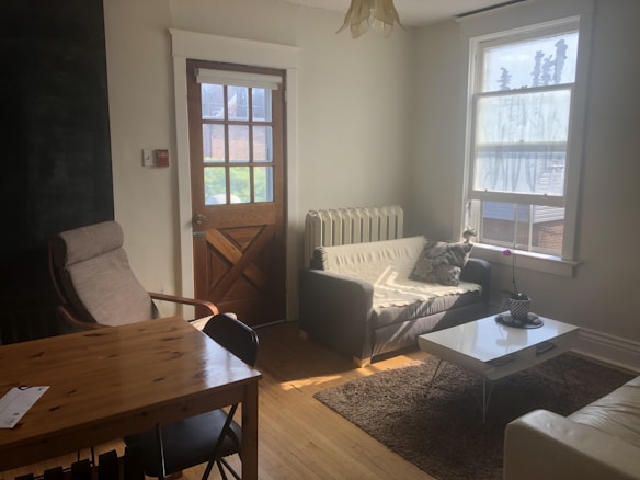 A cozy living room illuminated by natural light streaming through a window. The room features a wooden dining table with chairs, an armchair, and a gray sofa with patterned cushions. A small white coffee table with a potted plant is placed on a brown rug. The wooden door with glass panels allows additional light and views of the outside. The walls are painted in a light color complemented by the warm wooden flooring.