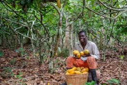 man near basket of fruits