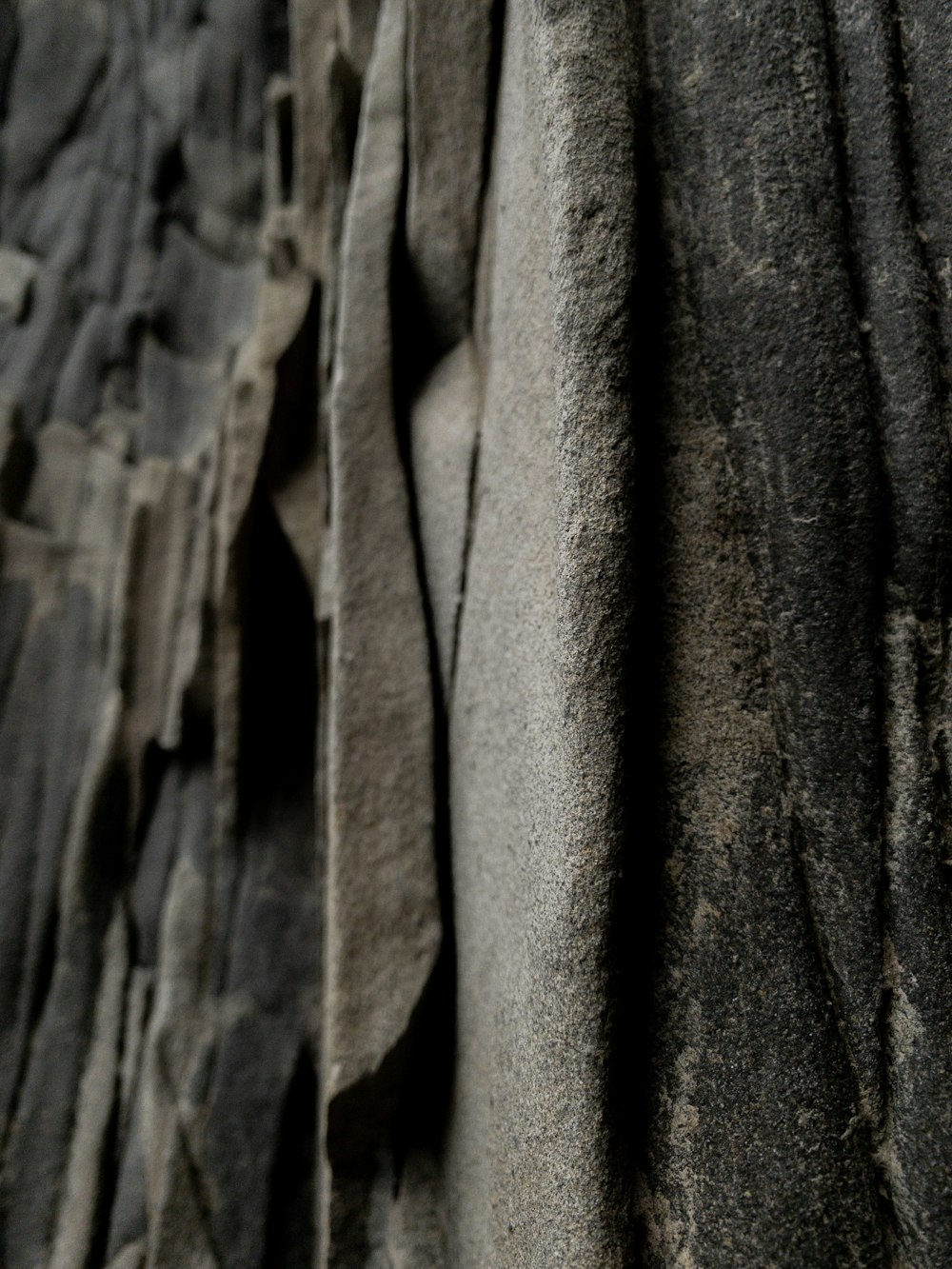 a close up of a rock face with a bird perched on it